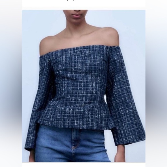NWT ZARA OFF SHOULDER TWEED NAVY BLUE AND WHITE TOP - Picture 1 of 7